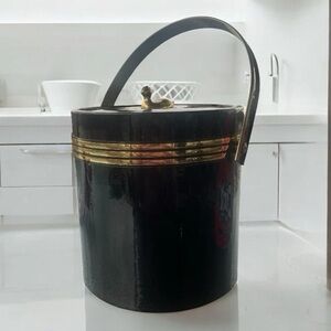 VTG Ice Bucket Vinyl Black Gold Brass Duck Lid Handle Retro 1960’s MCM Hollywood